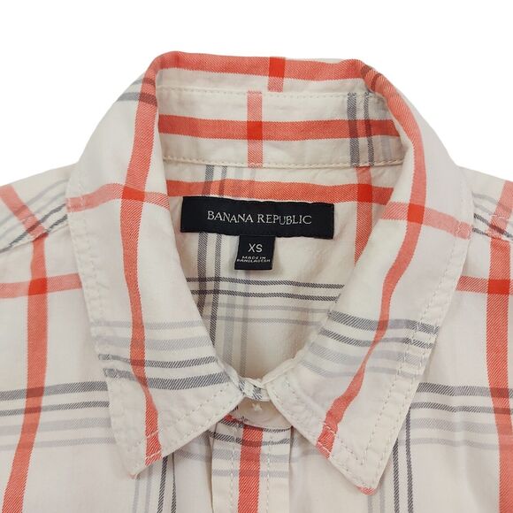 Banana Republic Shirt Womens XS Cotton Beige Plaid Button Up Long Sleeve Preppy - Picture 9 of 10